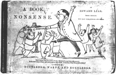 The title page of _A Book of Nonsense_ by Edward Lear. It depicts a short fat man in old-fashioned clothes handing a "Book of Nonsense" to gleeful children.