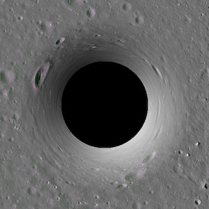 The same Lunar surface with a geometric hole punched in it, like a sinkhole.
