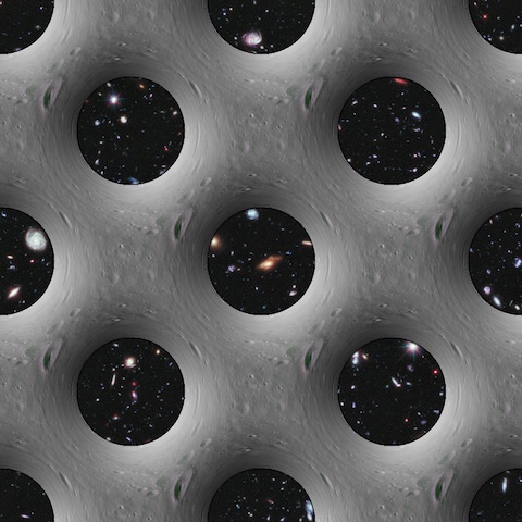 A distorted Lunar surface with many holes punched through it. A starfield of galaxies is visible through the holes.
