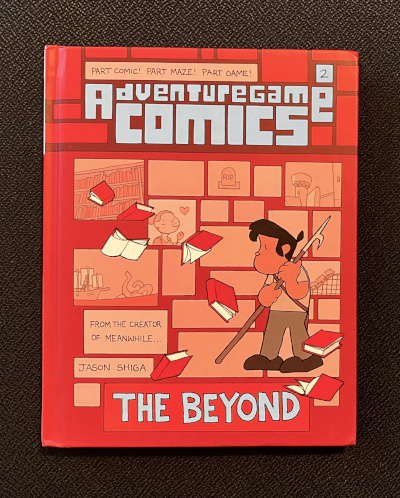 Adventuregame Comics #2: The Beyond. The cover shows a Hispanic man holding a harpoon, watching red books tumble by.
