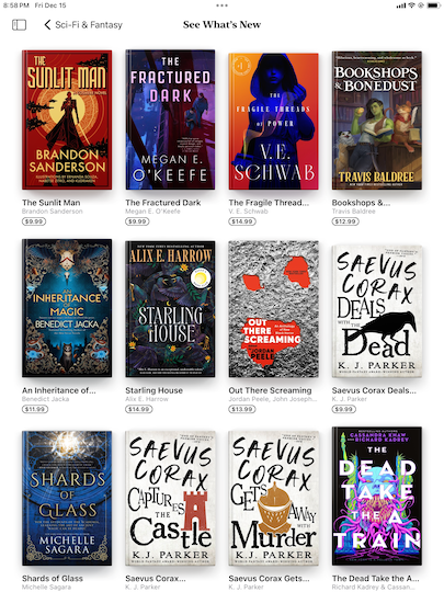 Store page titled "See What's New" under "Sci-Fi & Fantasy". The top items are by Brandon Sanderson, Megan E. O'Keefe, V. E. Schwab, and Travis Baldree.