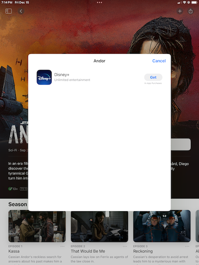 Store page for "Andor", with a button for downloading the Disney+ app.