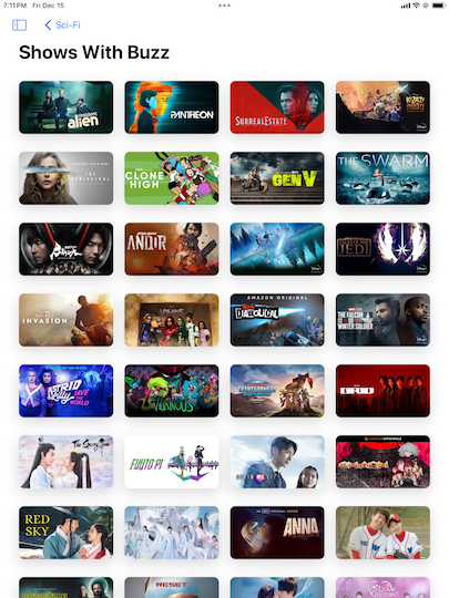 Store page titled "Shows With Buzz" under "Sci-Fi". The top items are "Resident Alien", "Pantheon", Surreal Estate", "Kizazi Moto", "The Peripheral", and "Clone High".