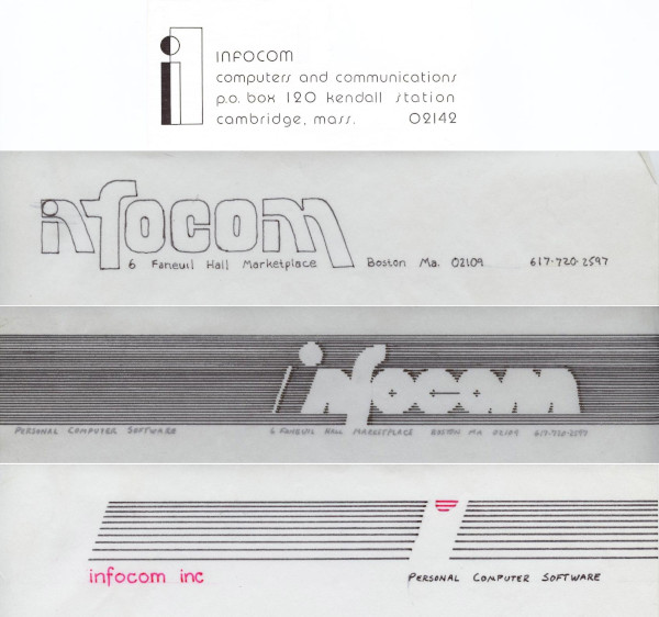 Four early Infocom logos. The first is printed on an envelope; the other three are hand-drawn sketches.