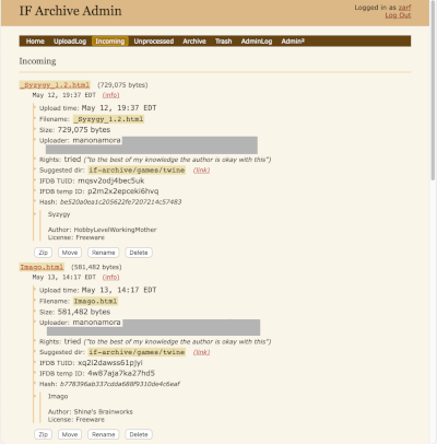 A screenshot of the Archive admin web app. It shows listings for a couple of recently-uploaded Twine games, with buttons labelled "Zip", "Move", "Rename", and "Delete".