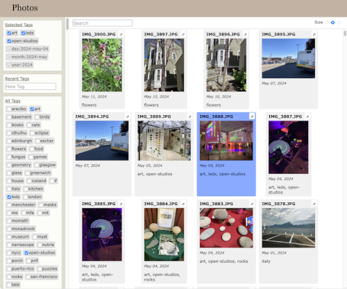 A screenshot of the photo web app. It has a column of photo thumbnail images and a large list of text tags.