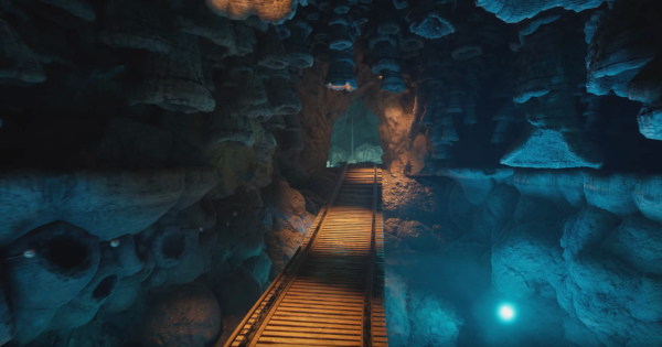 A wooden walkway traversing a partially submerged cave.