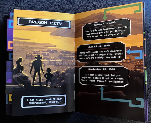 The two-page spread that ends the story. "Oregon City -- 2,000 miles traveled from Independence, Missouri!" There are three victory panels, reached from different paths, showing different arrival dates.