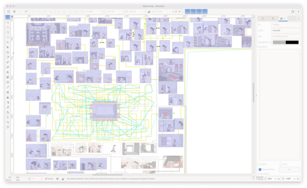 An Inkscape window containing a shrunk-down version of The Beyond map. Most of the panels are outlined in blue, with the paths between them highlighted in yellow.