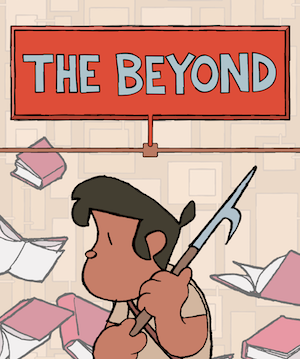 A cartoon drawing of a dark-skinned man holding a harpoon. Books flutter by in the background.