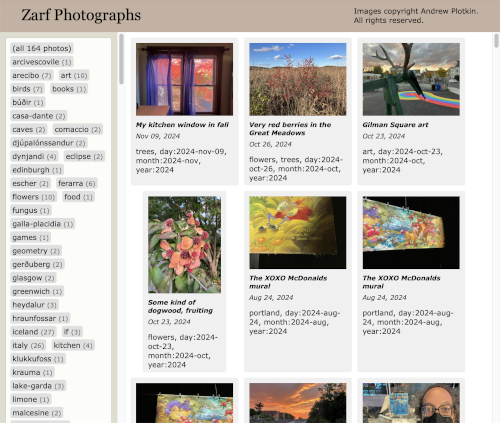 A screenshot of the photo collection page. It's titled "Zarf Photographs" with a note "Images copyright by Andrew Plotkin. All rights reserved." Tags are listed in column on the left.