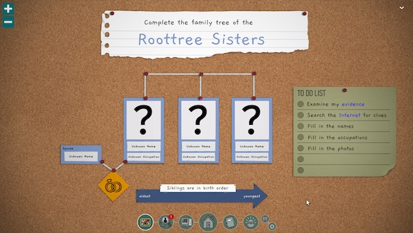 A corkboard with three blank cards on it. A scrap of paper above says "Complete the family tree of the Roottree Sisters".