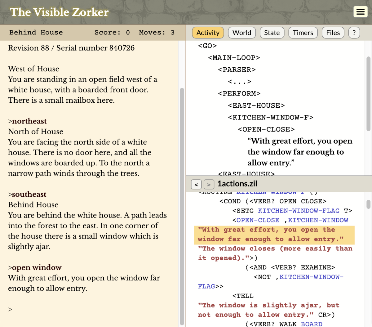 A screenshot titled "The Visible Zorker". The left side of the window shows the opening of Zork 1, up to the command OPEN WINDOW. The right side shows a list of ZIL function calls and the message "With great effort, you open the window far enough to allow entry."