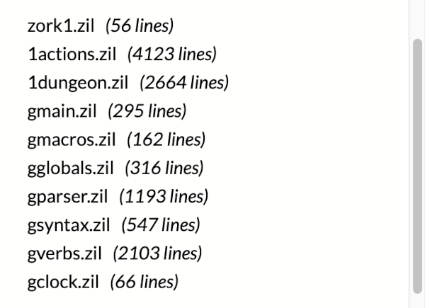 A list of filenames: "zork1.zil", "1actions.zil", "1dungeon.zil", etc.