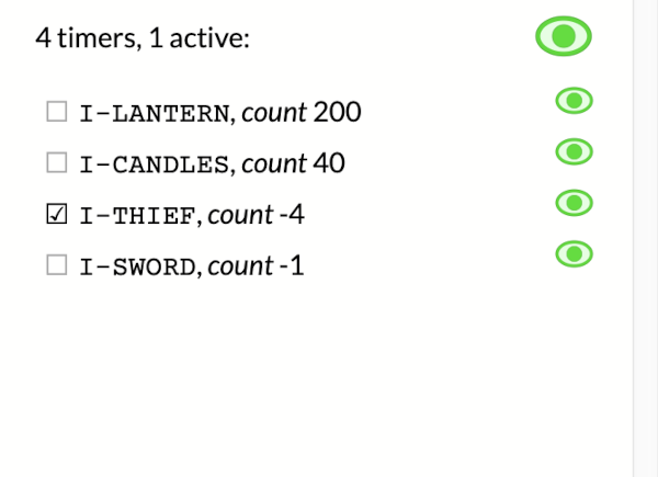 A list of timer functions: "I-LANTERN count 200", "I-CANDLES count 40", "I-THIEF count -4", "I-SWORD count 0-1". Only I-THIEF is marked as active.