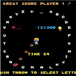 Screenshot of the high score entry screen for the arcade game Food Fight, which has our protagonist, Charley Chuck, surrounded by the letters of the alphabet in a circle. He selects a letter by throwing a watermelon at it. There are some days where the lack of sight is better, and never having to see this UI makes today one of them.