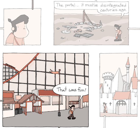 Four frames from "The Beyond". The highlighted frame is Mario walking through an amusement park saying "That was fun!" Next to it is Mario walking out of the gate of a real castle. Above that, Mario is looking at a pile of rubble, saying "The portal... it must've disintegrated centuries ago." The fourth panel is a silent close shot of Mario's face.