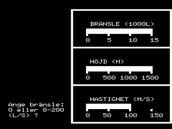 The main screen of the ABC 80 moon lander. It's showing three gauges (fuel, altitude, and velocity), with a prompt asking you to enter how much fuel you want to use for the next 10 second burn.