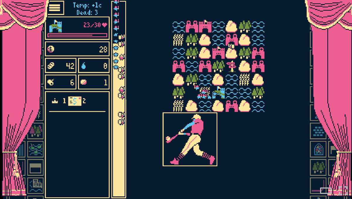 A screenshot showing a grid of terrain rendered in pixelated blue, magenta, green, and yellow. Below the map is an inset showing a baseball player swinging at a ball. To one side is a resource chart. Magenta curtains frame the screen.