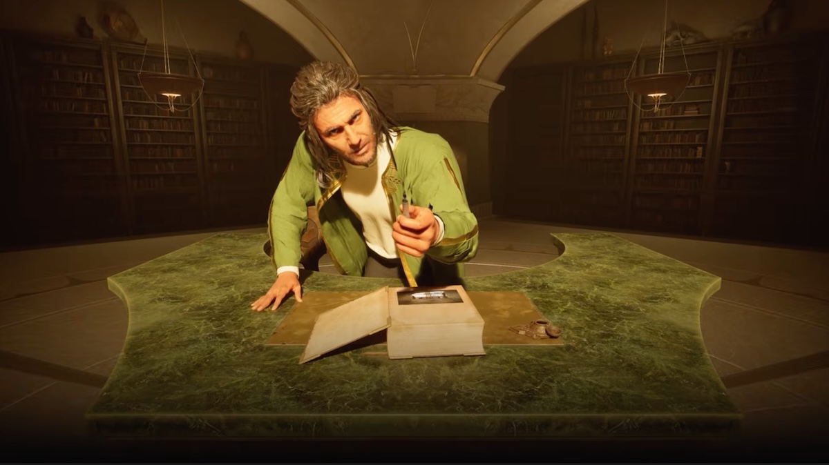 A man in a green robe forward, glaring at you and gesturing violently with a pen. A Linking Book lies open on the desk between the two of you.