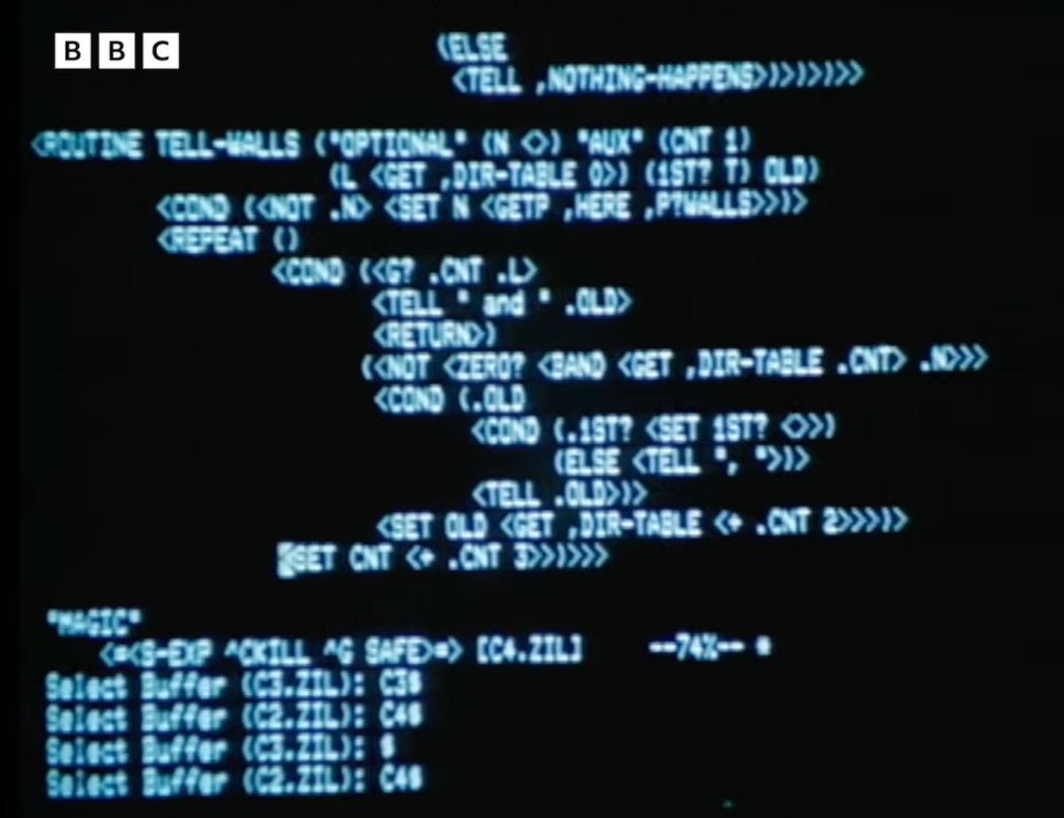A photo of a terminal window showing ZIL code from Spellbreaker.