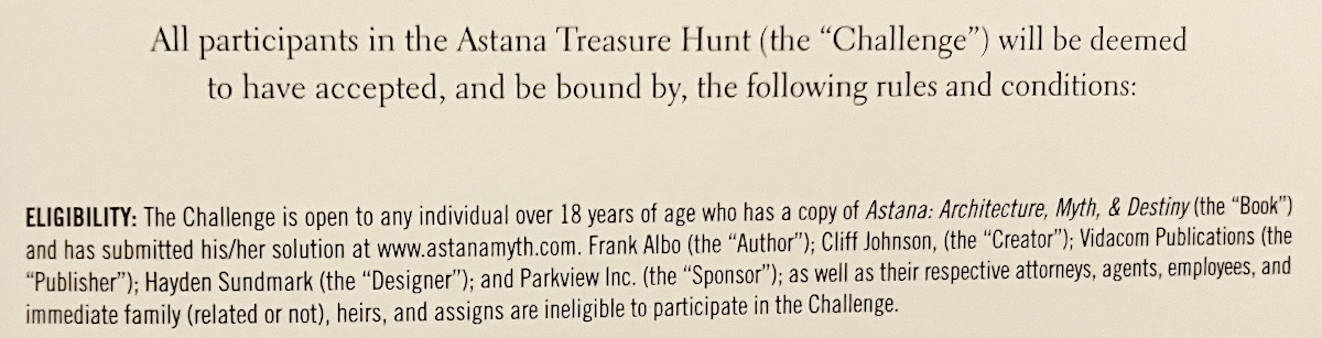 Part of the rules page for "the Astana Treasure Hunt", with rules and conditions. Frank Albo is listed as the "Author"; Cliff Johnson is listed as "the "Creator".