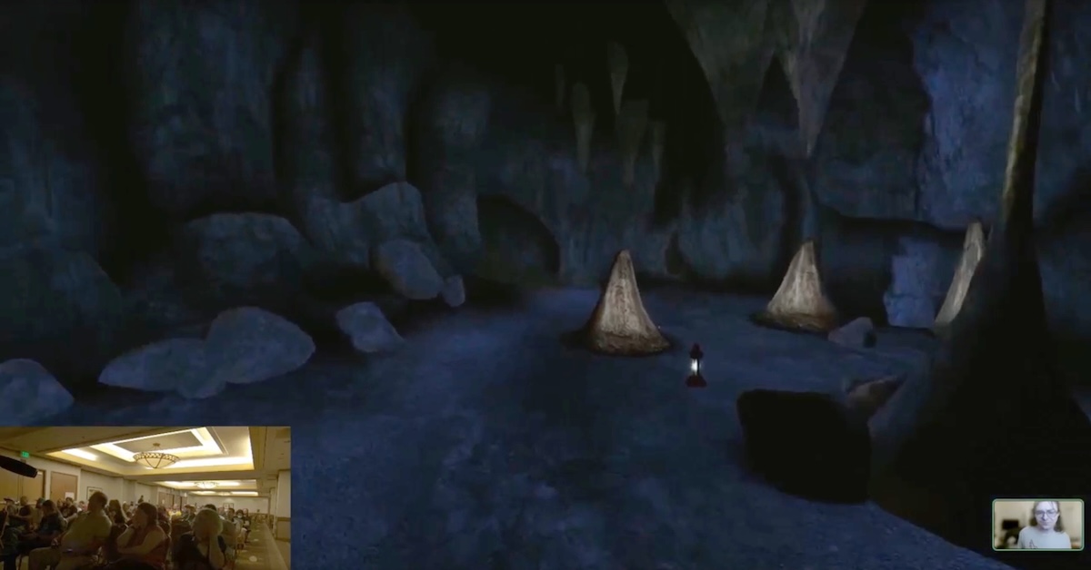 A dim, blue-lit cave with a lantern illuminating stalagmites at the center. Harley is presenting from a thumbnail in one corner; the Mysterium audience is visible in another corn.er