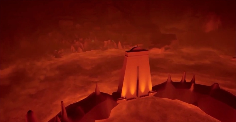 A view of the Great Arch in a red-illuminated cavern.