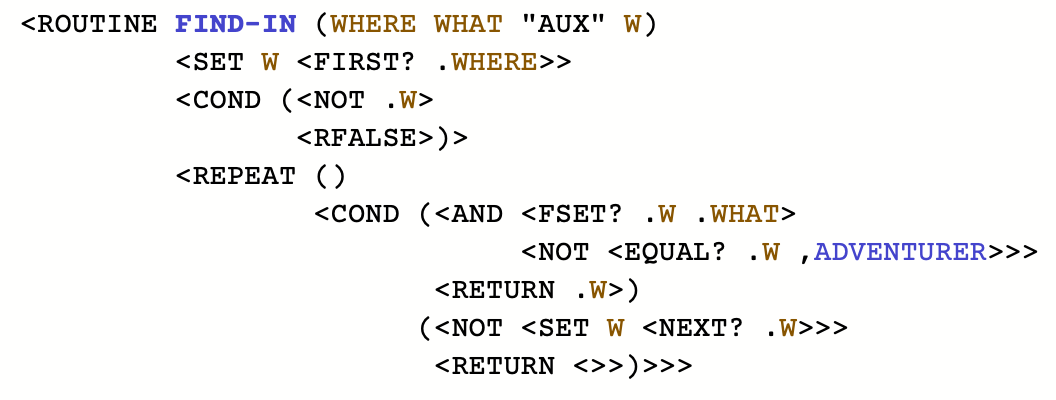 The ZIL source for the FIND-IN routine in Zork 1.