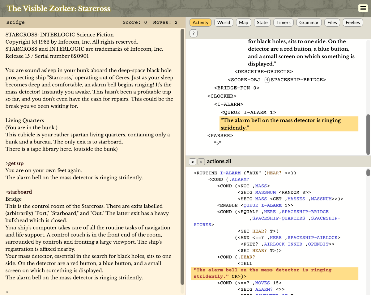 A screenshot titled "The Visible Zorker: Starcross". The left side of the window shows the opening of Starcross, up to the command STARBOARD.  The right side shows a list of ZIL function calls and the message "The alarm bell on the mass detector is ringing stridently."