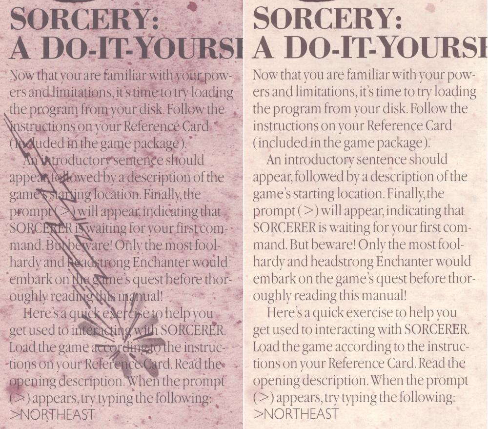 Two copies of the column "Sorcery: A Do-It-Yourself Guide". The one on the left is blotchier and has a distracting doodle of a lightning bolt.