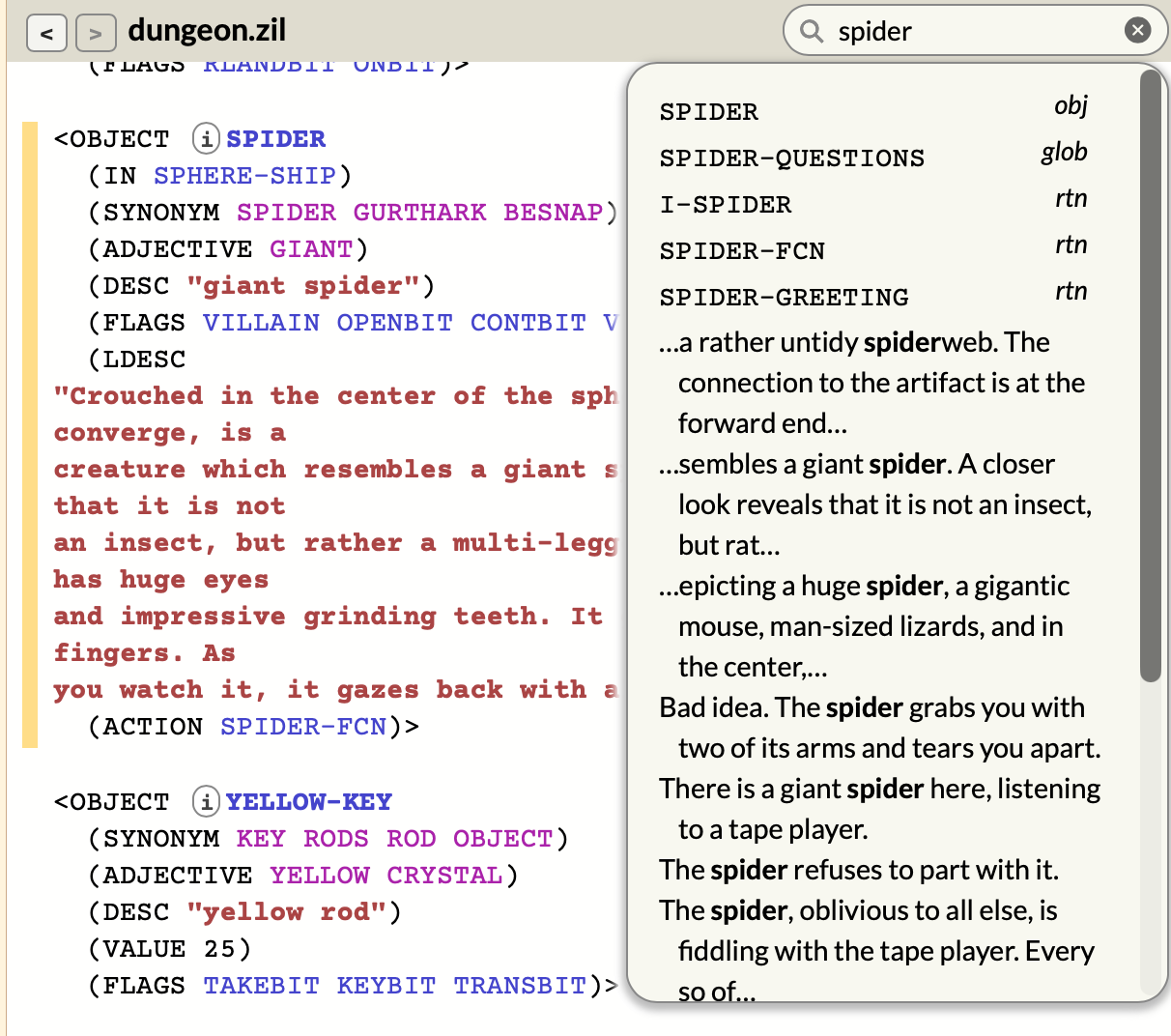 ZIL source code from Starcross. The definition of the SPIDER object is highlighted. On the right is a floating column of search results: SPIDER, SPIDER-QUESTIONS, I-SPIDER, and several text strings that mention the "spider".