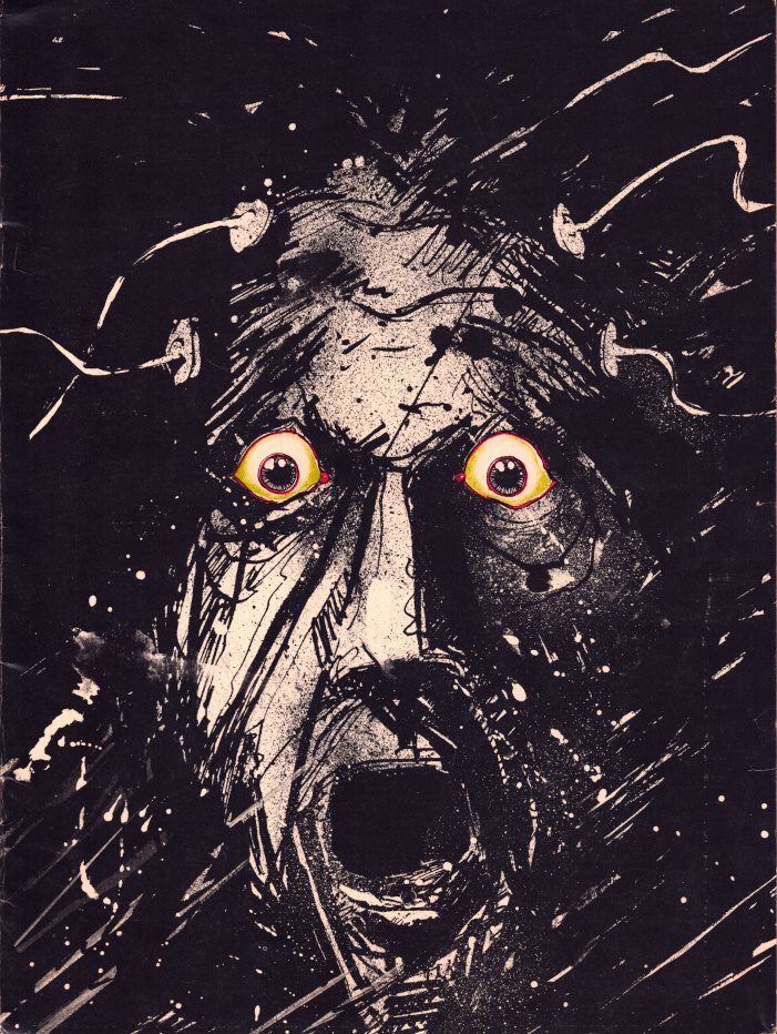 A rough ink drawing of a screaming face wired with electrodes. The wide, shocked eyes are the same eyes visible behind the original white mask.