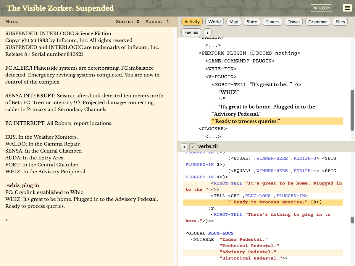 A screenshot titled "The Visible Zorker: Suspended". The left side of the window shows the opening of Suspended, up to the command WHIZ, PLUG IN. The right side shows a list of ZIL function calls and the message "Ready to process queries."