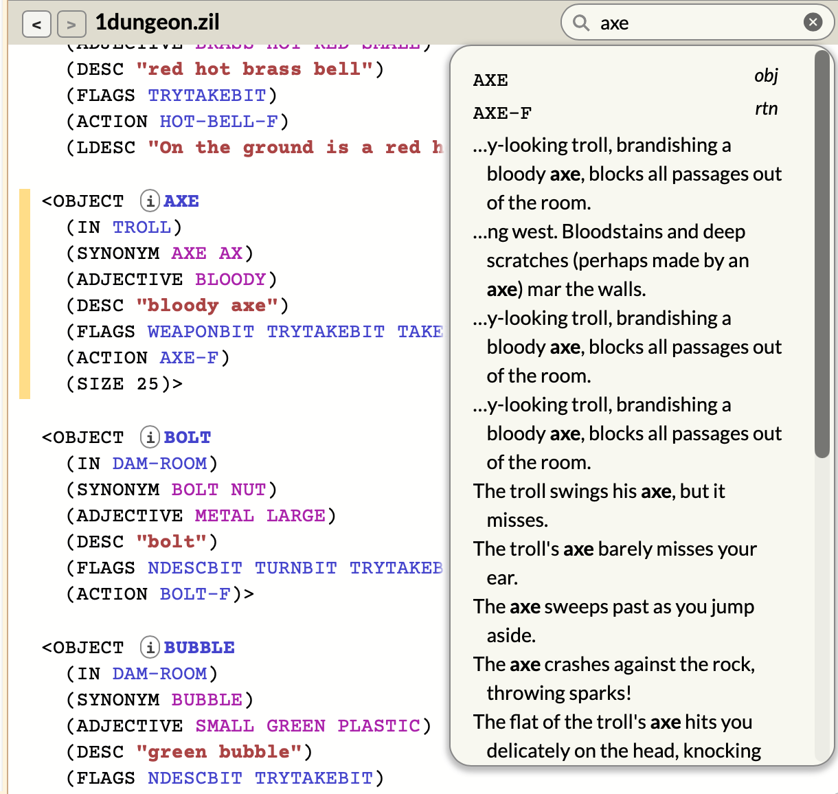 ZIL source code from Zork 1. The definition of the AXE object is highlighted. On the right is a floating column of search results: AXE, AXE-F, and several text strings that mention a "bloody axe".