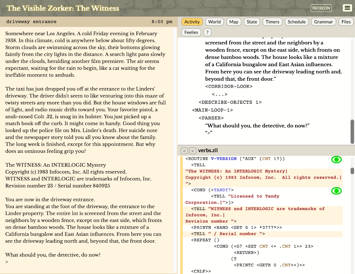 A screenshot titled "The Visible Zorker: The Witness". The left side of the window shows the opening of The Witness, with the opening room description. The right side shows a list of ZIL function calls and the message "What should you, the detective, do now?"
