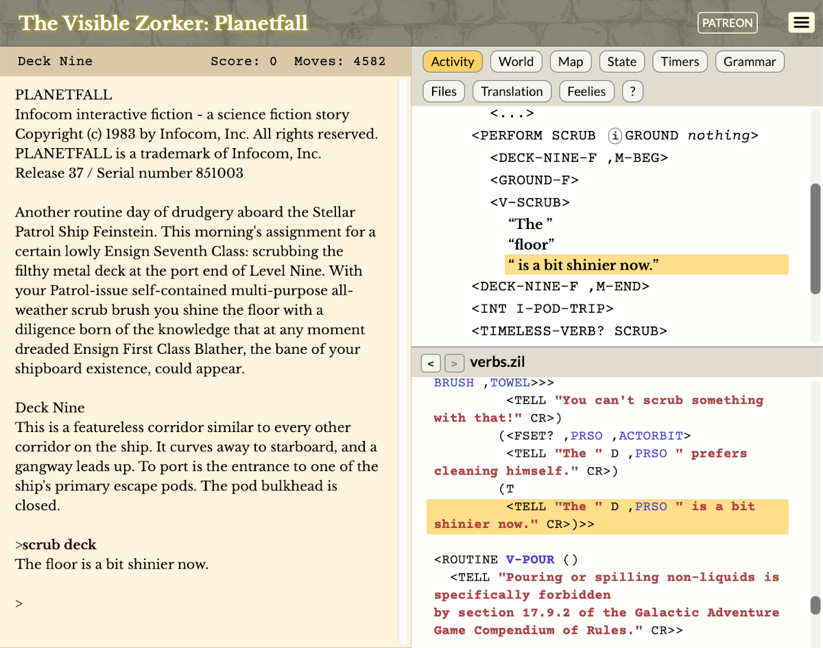 A screenshot titled "The Visible Zorker: Planetfall". The left side of the window shows the opening of Planetfall, up to the command SCRUB DECK. The right side shows a list of ZIL function calls and the message "The (NOUN) is a bit shinier now."